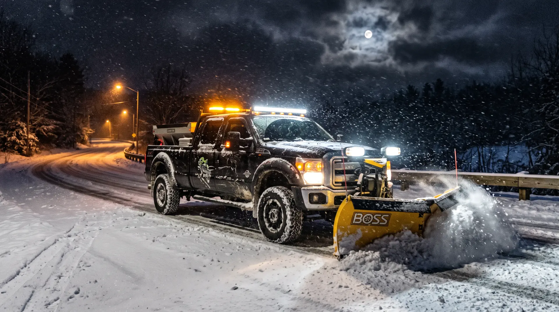 Snow-removal professional beside plow equipment in a storm